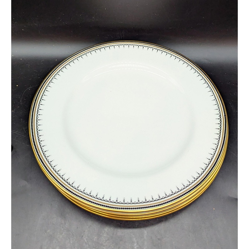 Vintage Set/4 Spode Warwick 10" Dinner Plate Black Banner Dot England
